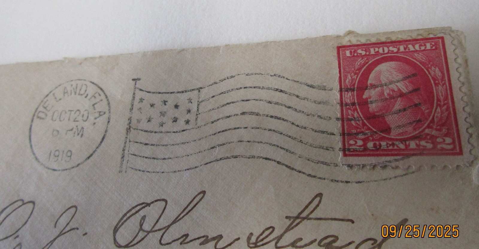 WASHINGTON 2 CENT STAMP ENVELOPE POSTMARKED 1919 DELAND FLA STAMP EPHEMERA