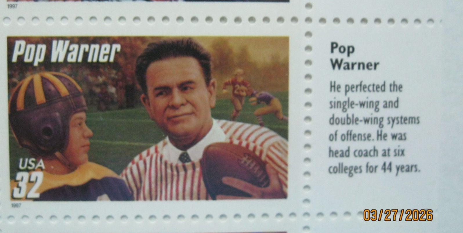 1996 LEGENDARY FOOTBALL COACHES UNCUT USPS PRESENTATION BLOCK OF 20 STAMPS