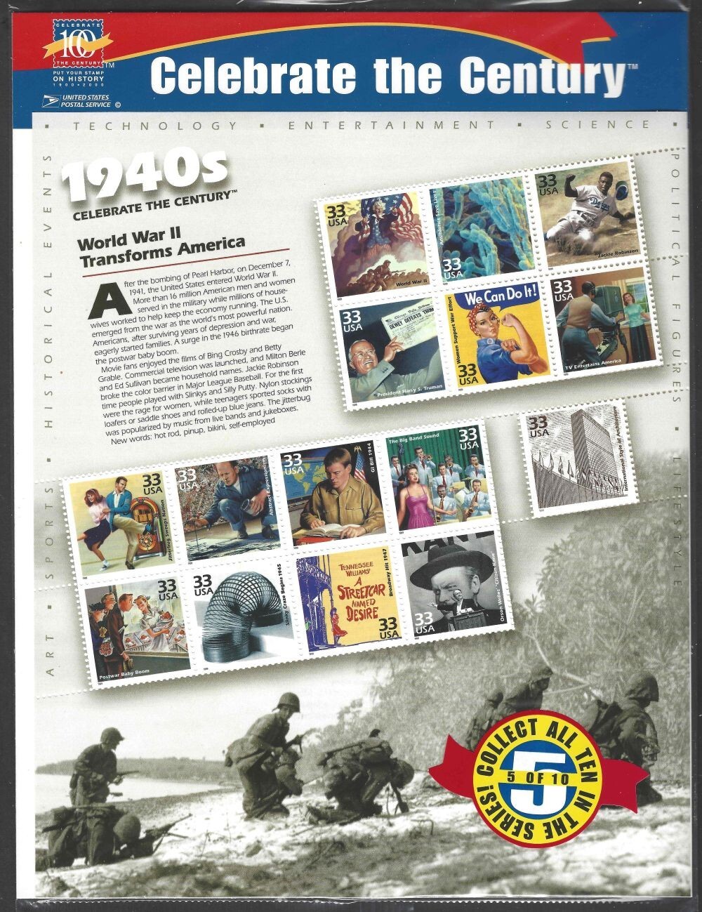 US Scott #3182-3191 32¢/33¢ Celebrate The Century 1900s-1990s 10 panes 1998-2000