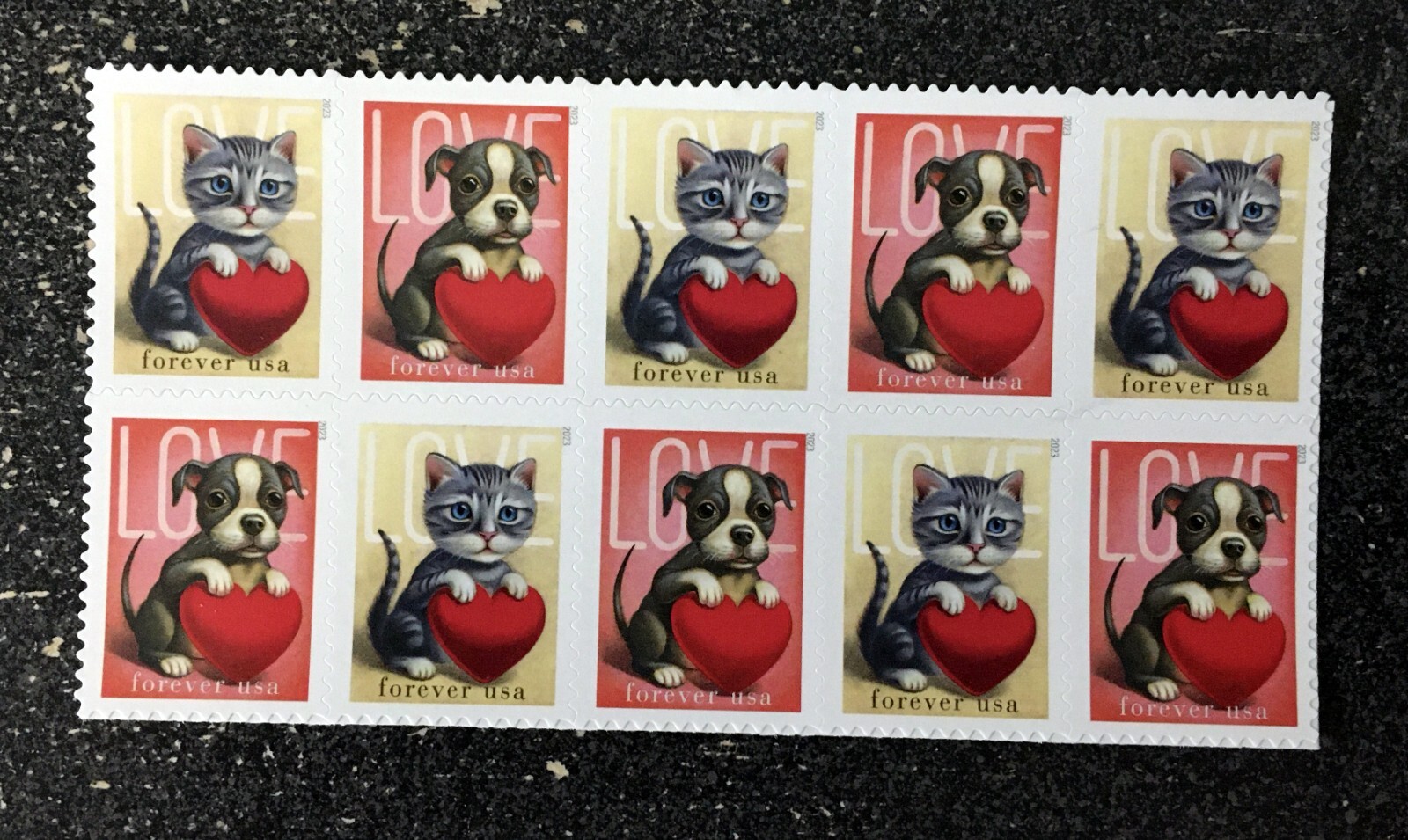 2023USA #5745-5746 Forever Love Series – Kitty & Puppy – Block of 10 mint sheet