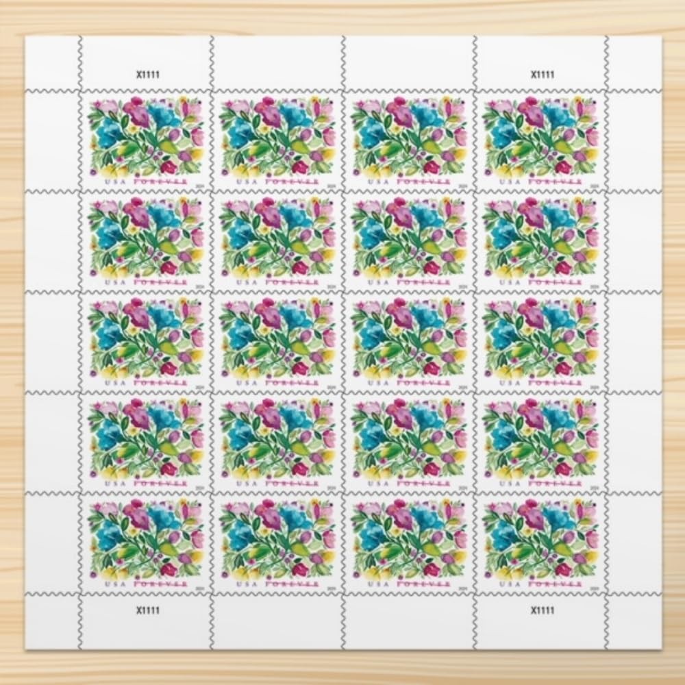 United States Postal 20 Stamps, red, yellow, purple, pink, green, blue