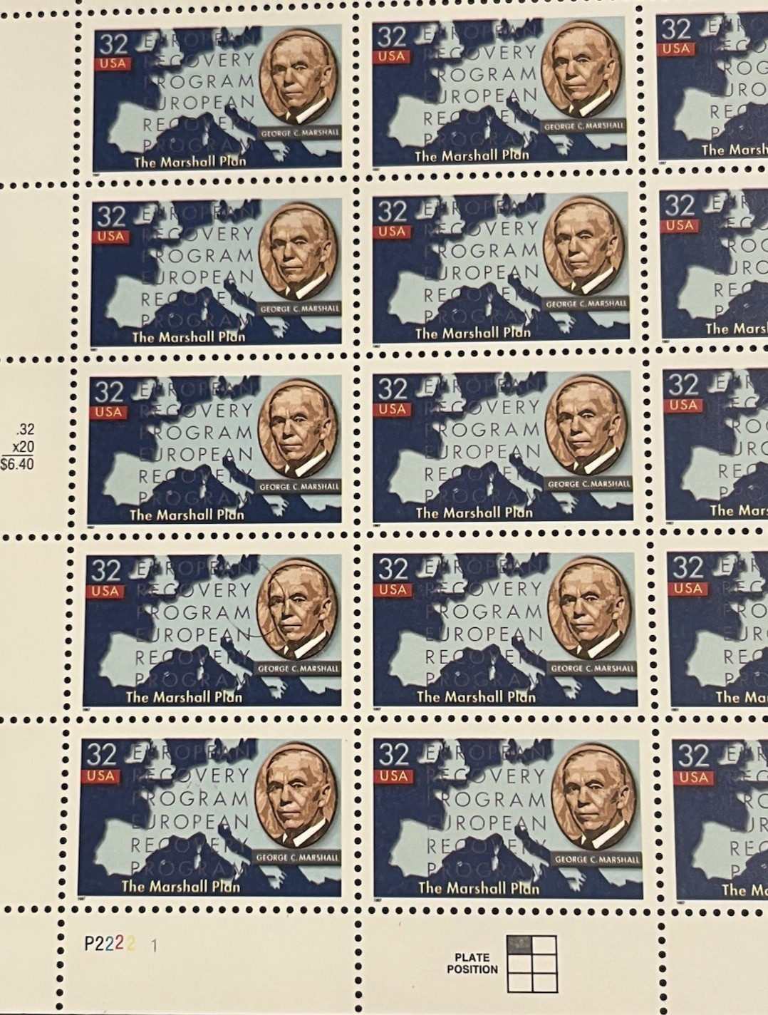 US SCOTT# 3141 PANE OF 20 MARSHALL PLAN STAMPS 32 CENT FACE MNH (Complete Sheet)