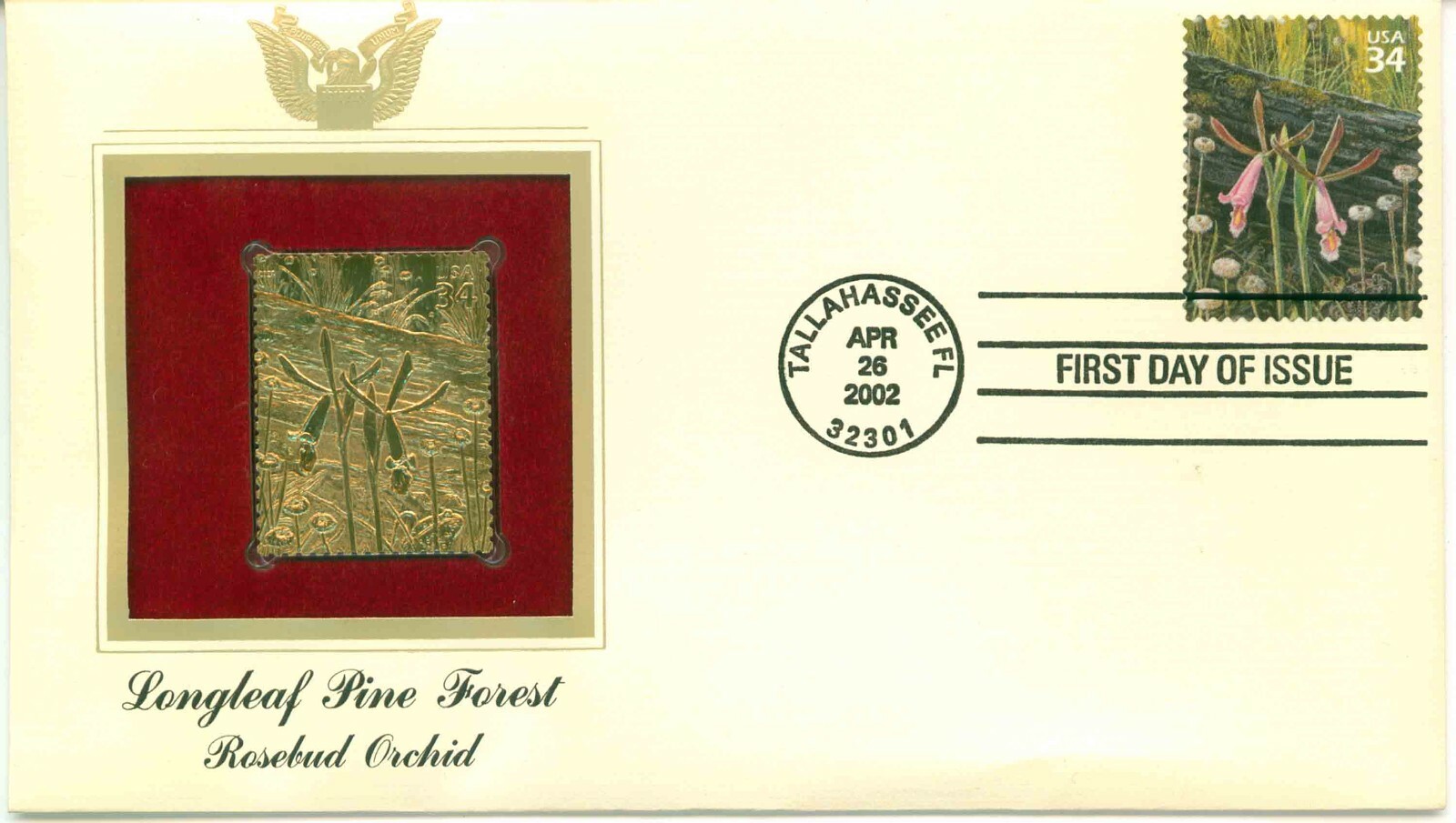 First Day Of Issue Apr 26 2002 Tallahassee FL 22kt Gold Replica Rosebud Orchid