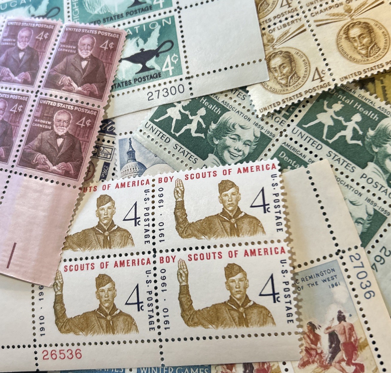 10 MNH OLD All Different Vintage 4 cent Plateblocks – some Over 65 Years Old