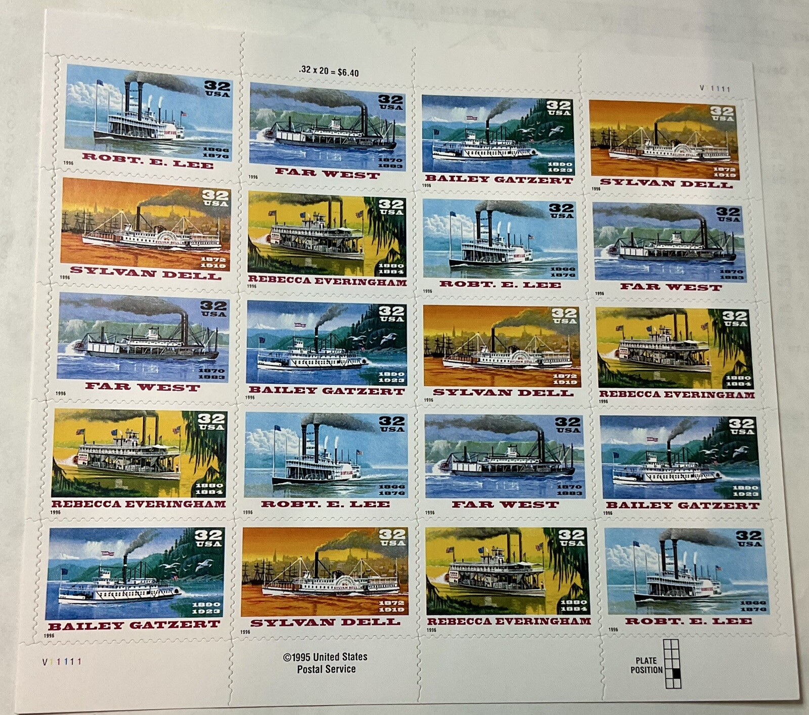 US Postage STAMPS Famous US RIVERBOATS 1996 32c 20 stamps MNH