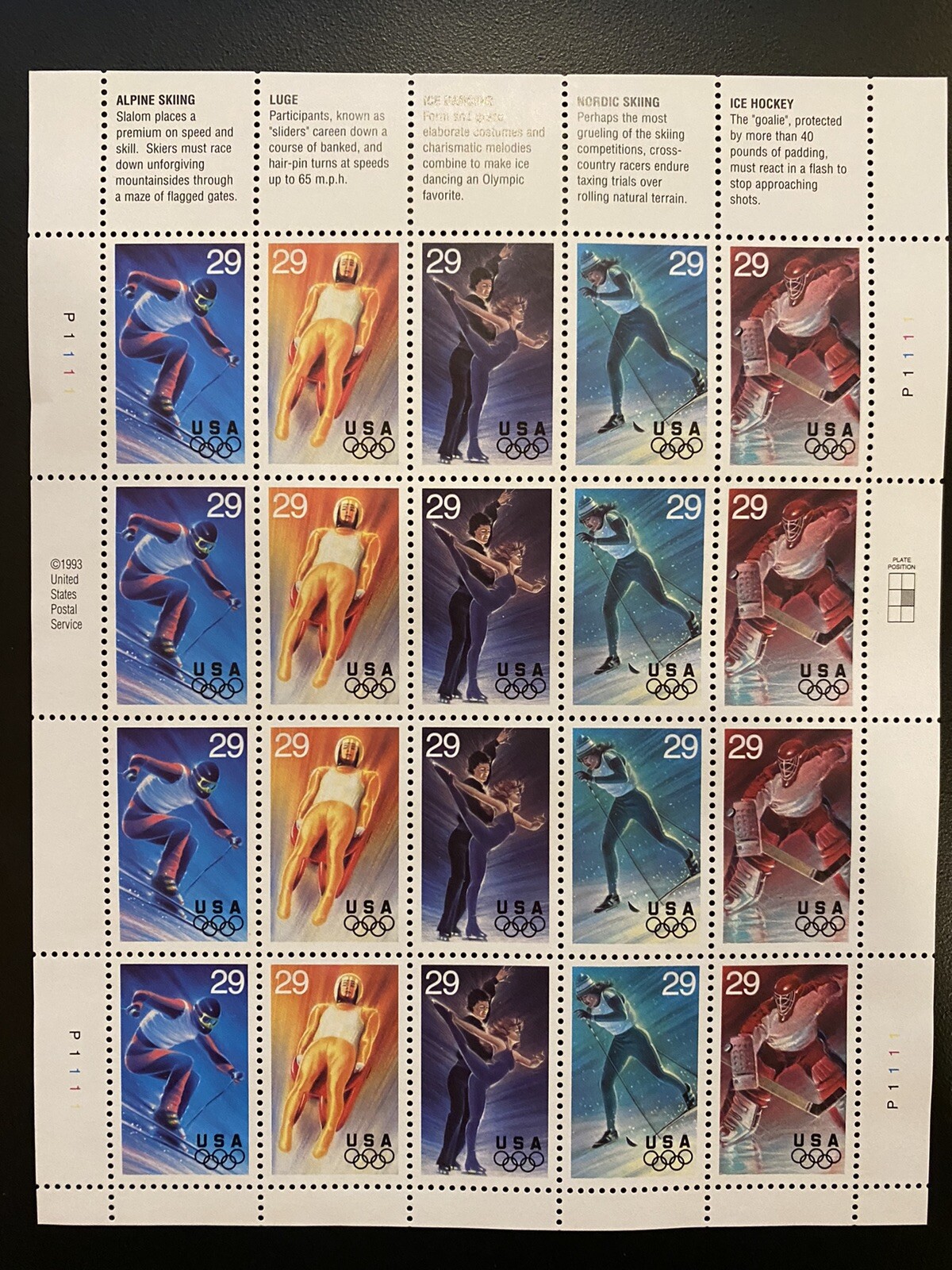 1993 USPS Winter Olympics Full Sheet 20 Stamps x 29c. MNH. Free Shipping