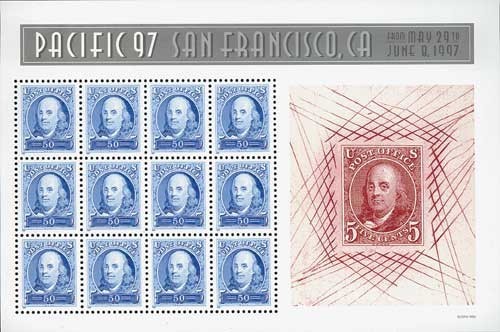 United States 50¢ Pacific ’97: Benjamin Franklin Postage Stamp #3139 Sheet of 12