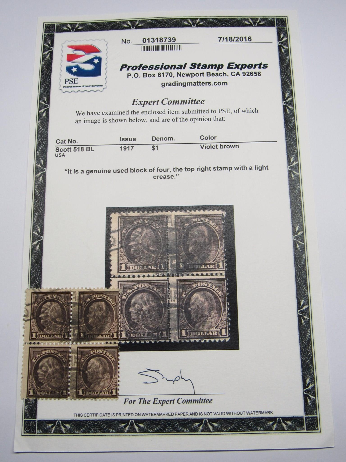 PSE Certified Stamp! 1917 U.S. POSTAGE ONE Dollar ($1) Stamps STP-44-IB