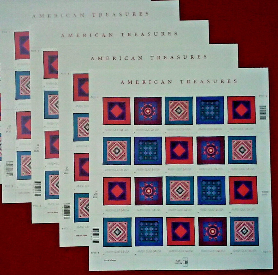 Four Sheets x 20 = 80 AMERICAN TREASURES AMISH QUILT 34¢ US Stamps USA 3524-3527