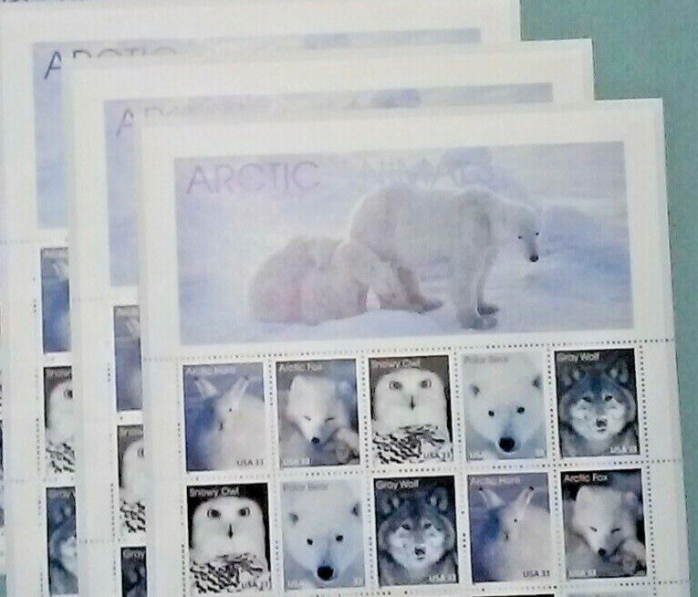 Four Souvenir Sheets x 15 = 60 of ARCTIC ANIMALS 33¢ US Stamps. USA Sc 3288-3292