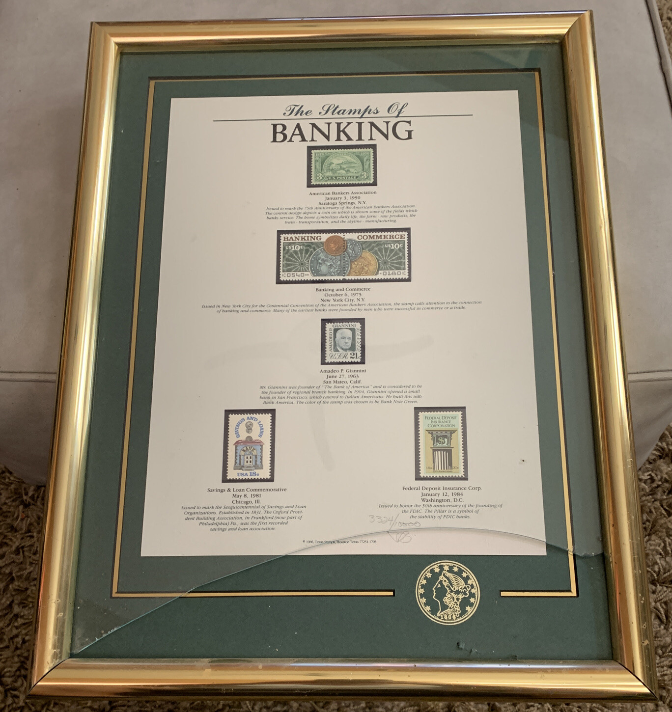 1986 The Stamps Of Banking Framed And Numbered 3324 Of 10000