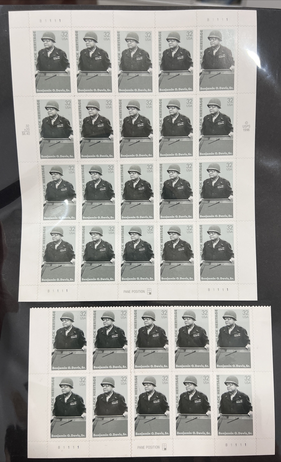 1996 USPS Benjamin O. Davis Sr. Sheet of 20 And 10 Sheet Stamps 32c. MNH