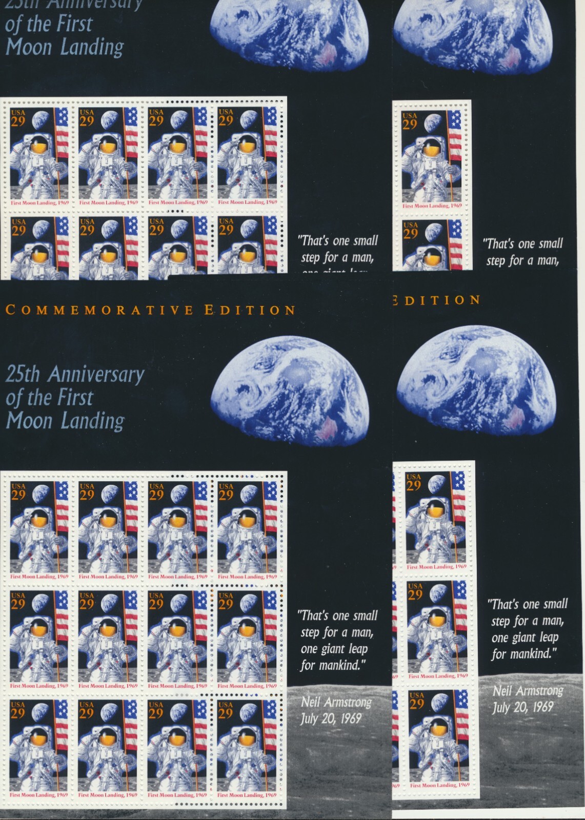 Lot Of 4 25th ANNIVERSARY OF THE FIRST MOON LANDING 29¢ US STAMP Sheets #2841