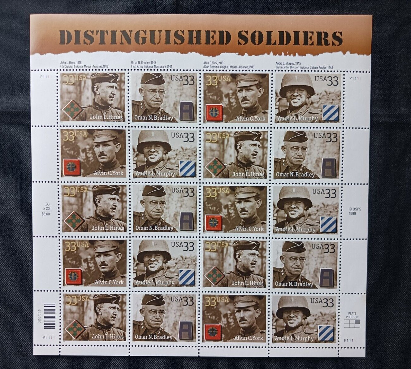 Scott #3393-96, 33 cent, Distinguished Soldiers, Sheet of 20