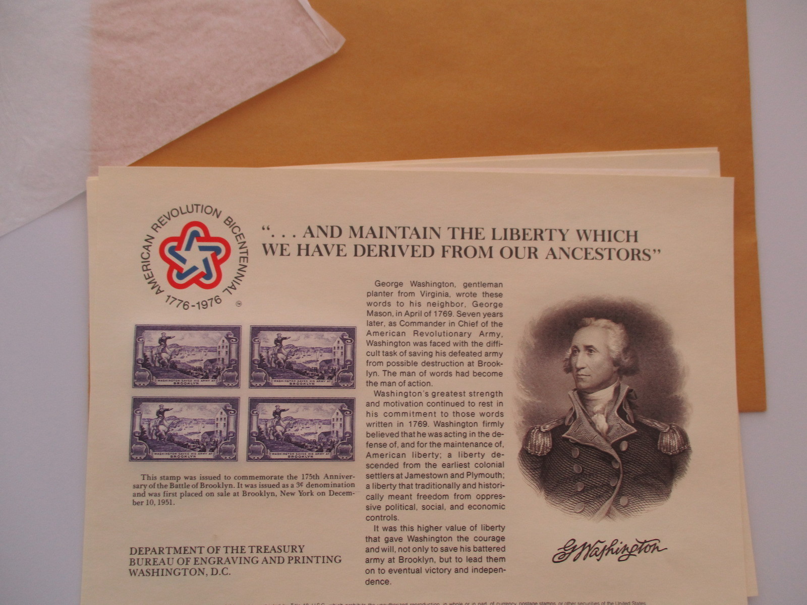 BUREAU OF ENGRAVING & PRINTING – battle of brooklyn STAMP LOT OF 4 SHEETS