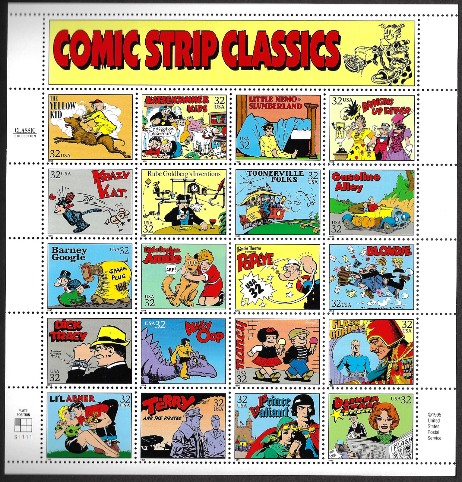 US Stamps, Full Pane of 20, Comic Strip Classics, #3000, MNH