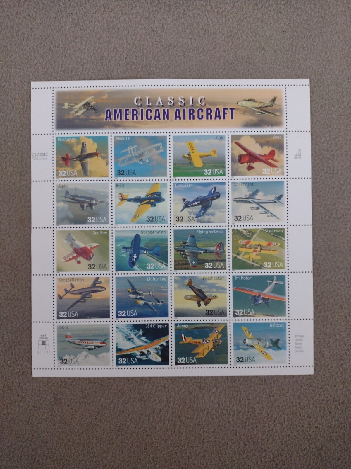 US SCOTT 3142 PANE OF 20 CLASSIC AMERICAN AIRCRAFT STAMPS 32 CENT NH