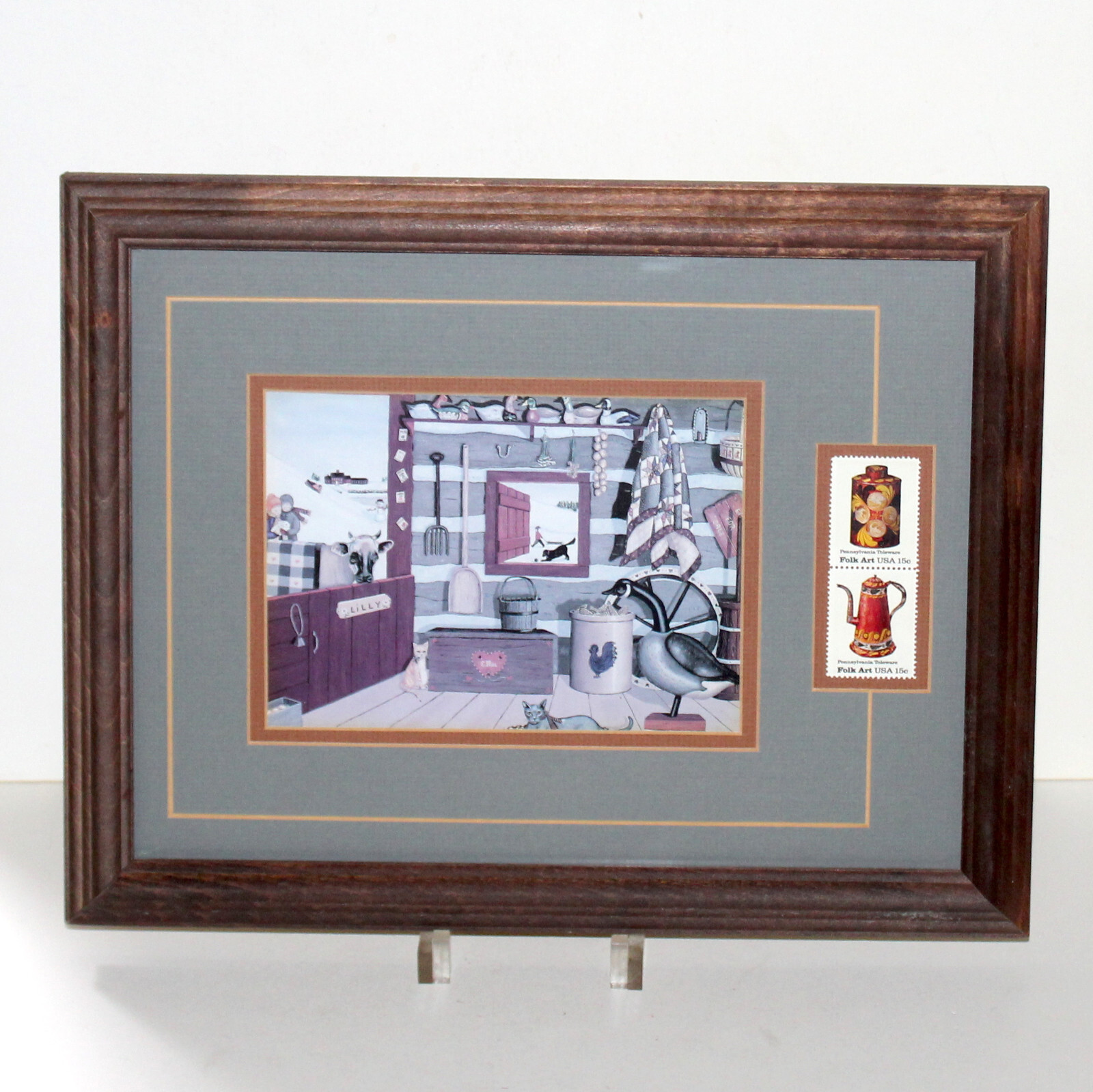 Folk Art USA USPS Stamps + Card Framed Pennsylvania Toleware decor primitive