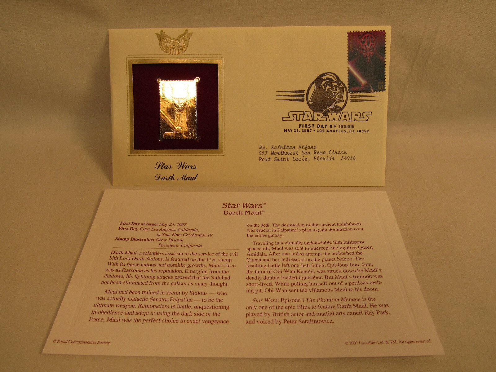 Darth Maul Star Wars Disney 22KT Gold Stamp 1st Day USPS