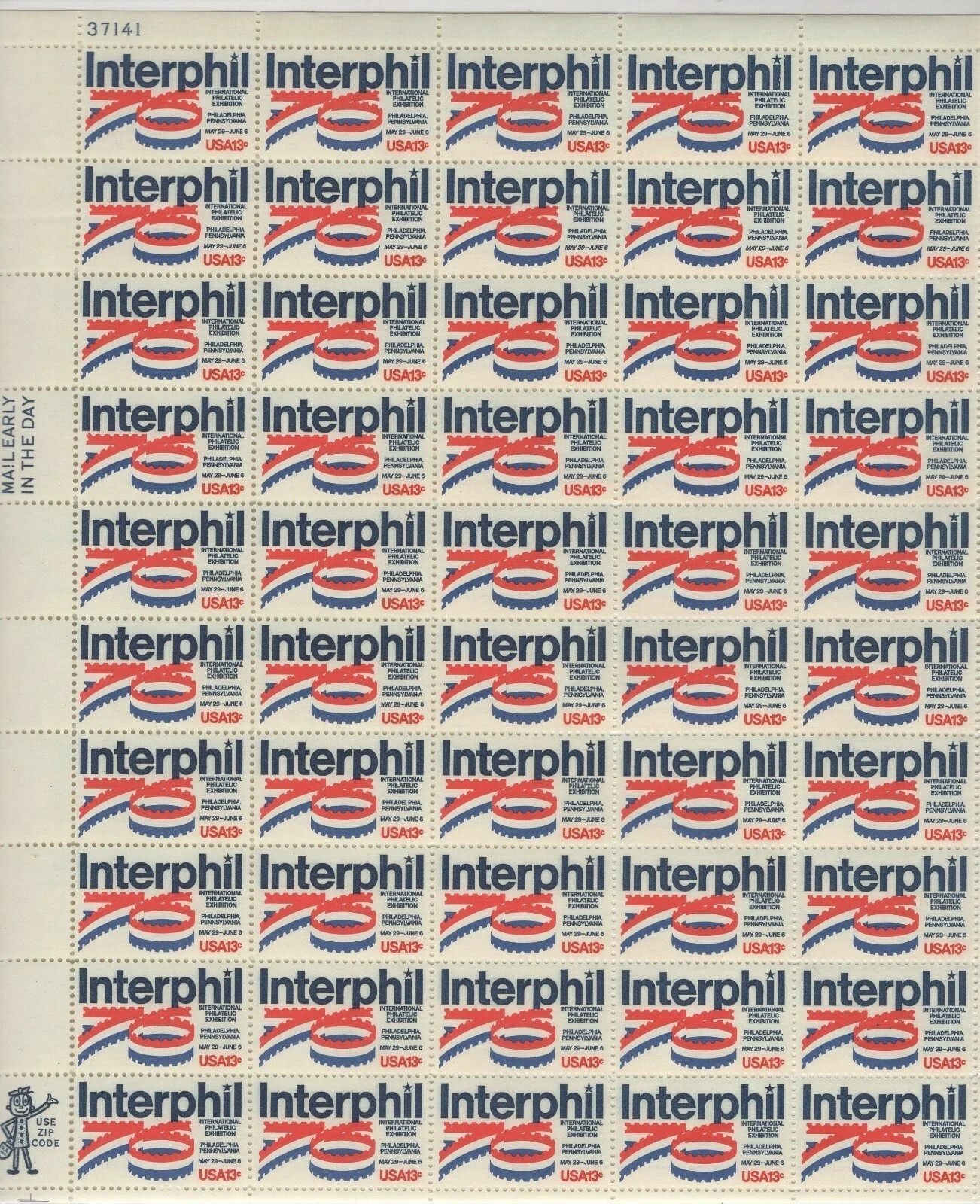 Bk 3 US SCOTT 1632 PANE OF 50 INTERPHIL STAMPS 13 CENT FACE MNH