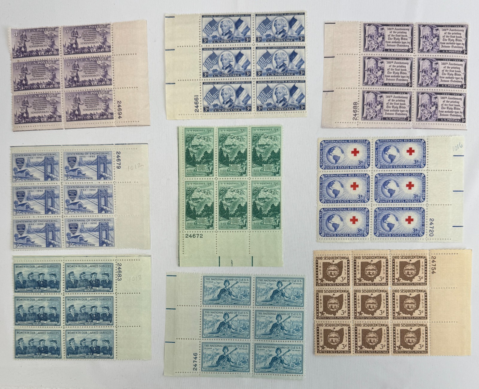 1952 to 53 US Commemorative Plate Block Collection MNH Scott 1010-1035 Red Cross