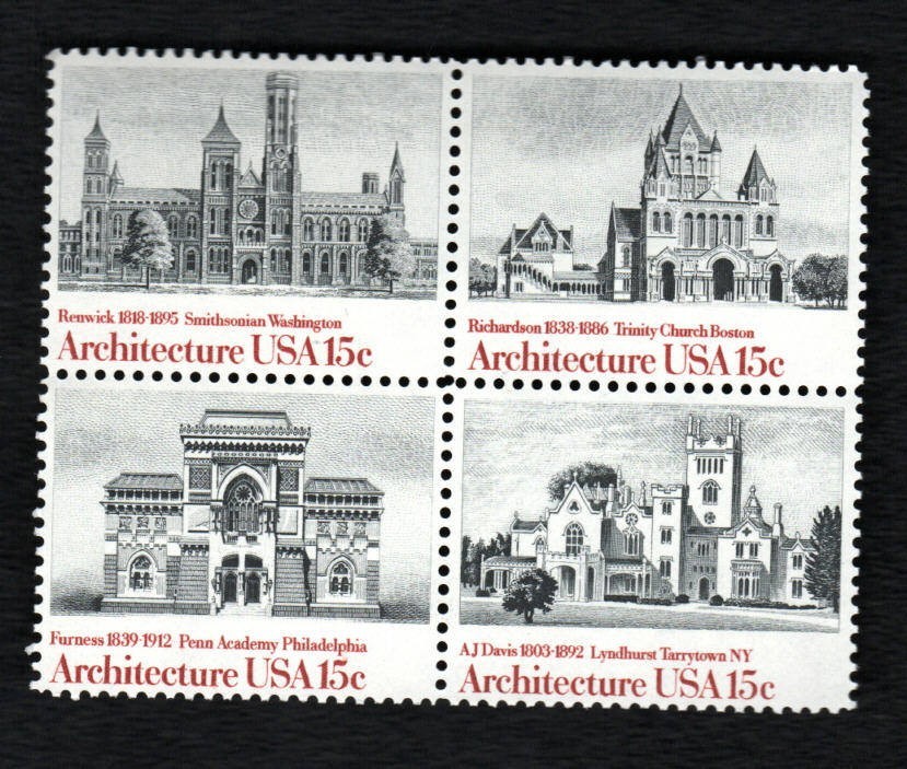 US Stamps – 15¢ American Architecture – Block of four (SC# 1838-1841) MNH