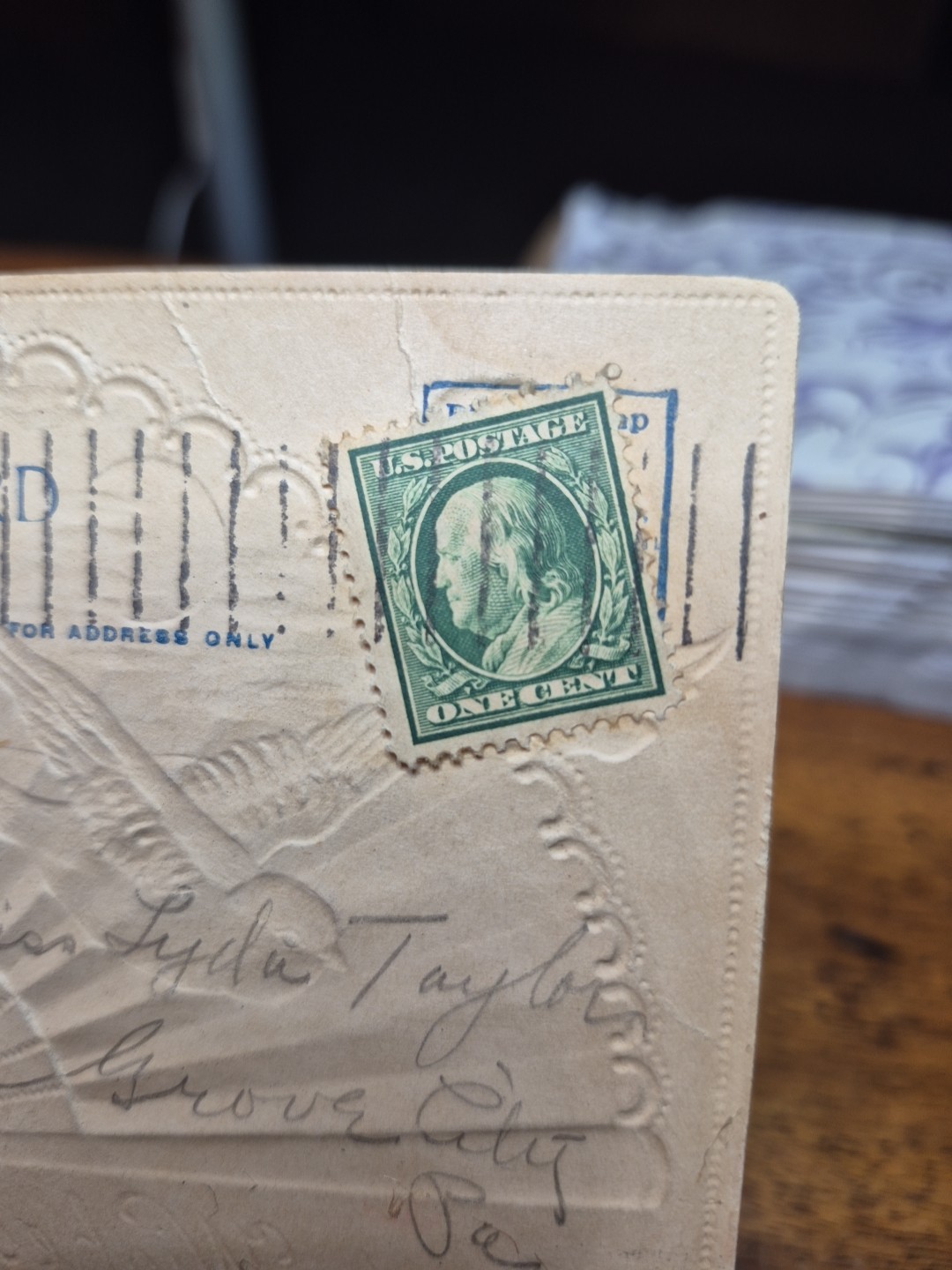 US Postage 1 Cent Dark Green Benjamin Franklin Stamp (Rare) On 1911 Postcard