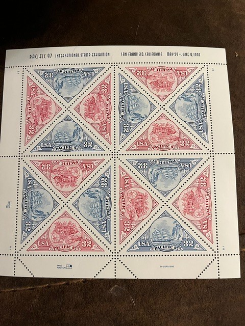 Scott #3130-31. 1997 Pacific 97. 32c Triangle stamp sheet of 16. MNH.