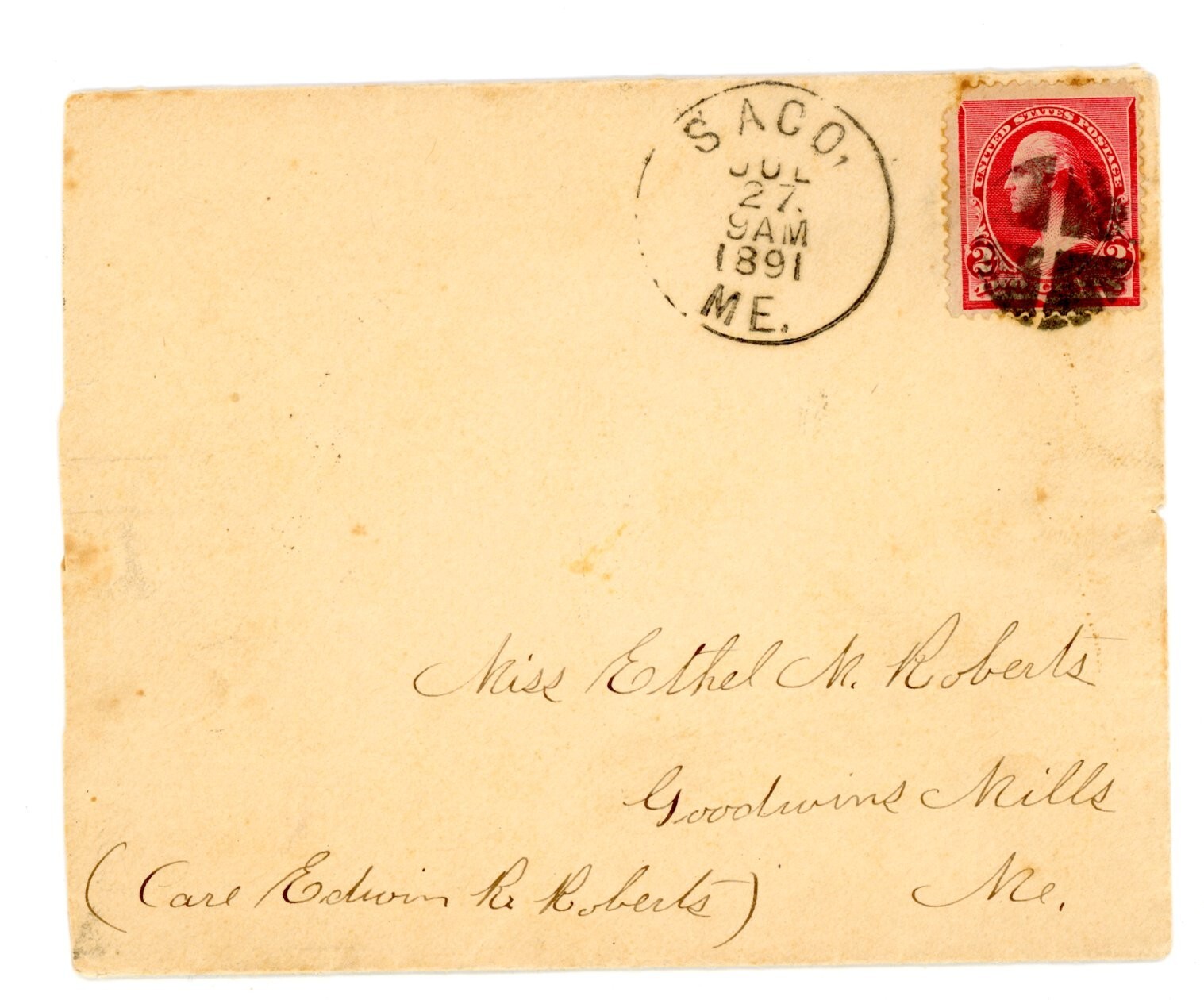 1891 Handwritten letter Red 2 cent Stamp Saco Goodwins Mills ME Ethel M Roberts