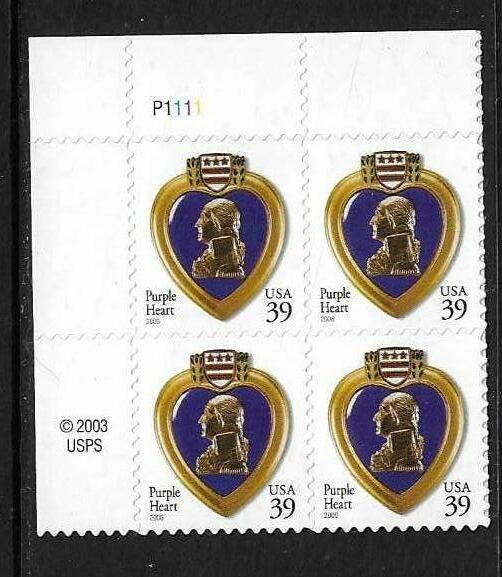 USA SC # 4032 Purple Heart , BLK4 Plate number . MNH