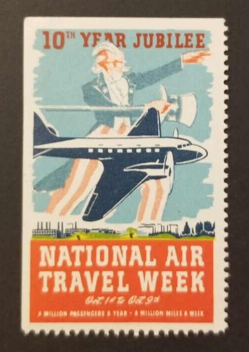 Vintage Uncle Sam National Air Travel Week Airplane Poster Stamp