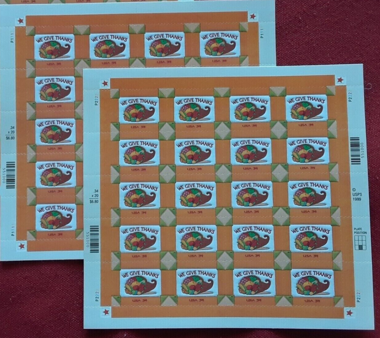 Two (2) Panes x 20 = 40 of WE GIVE THANKS 34¢ US Postage Stamps. USA Sc # 3546