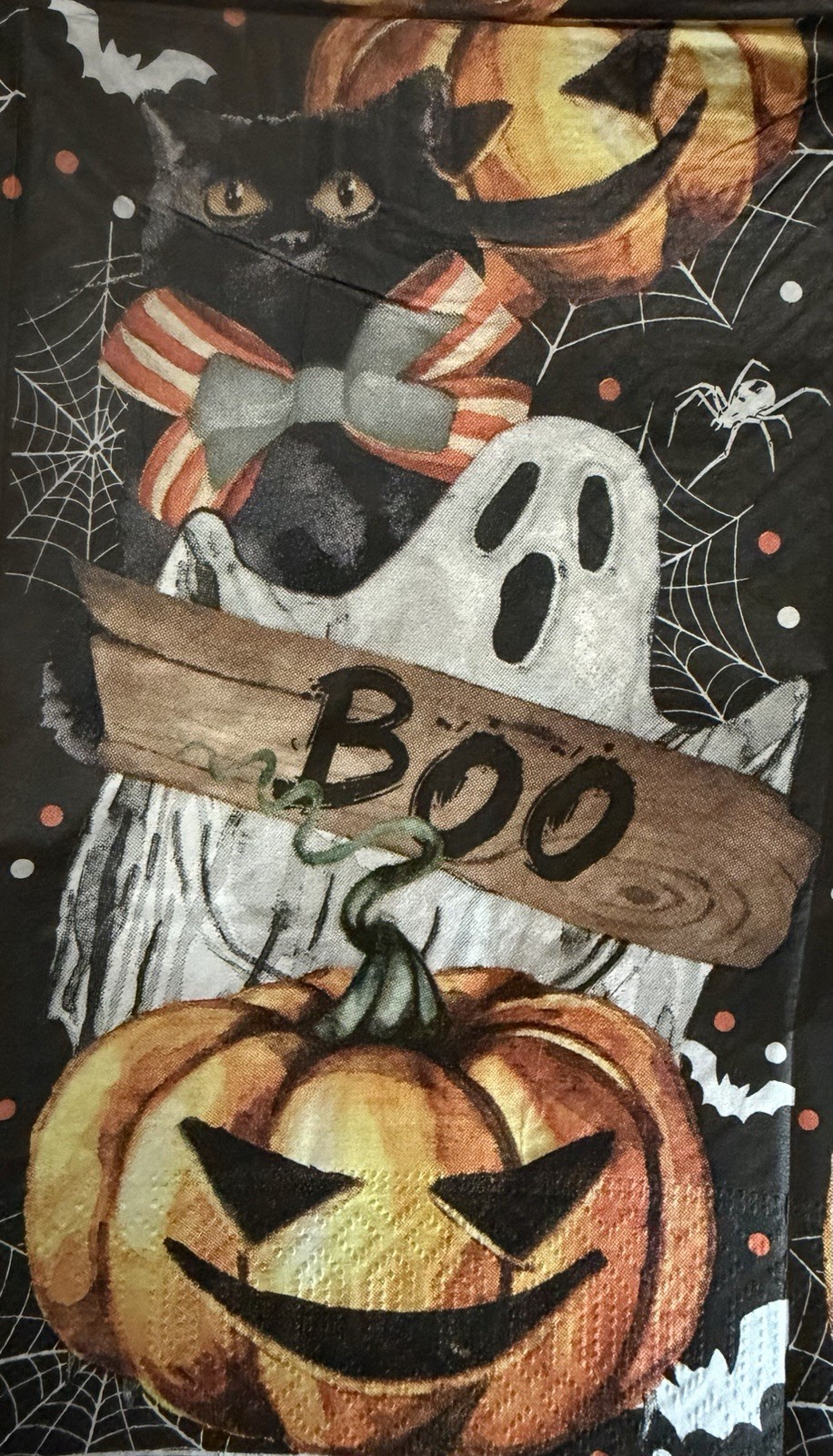 Three Individual dinner Decoupage Napkins/Halloween/Ghosts/pumpkins/web/orange/