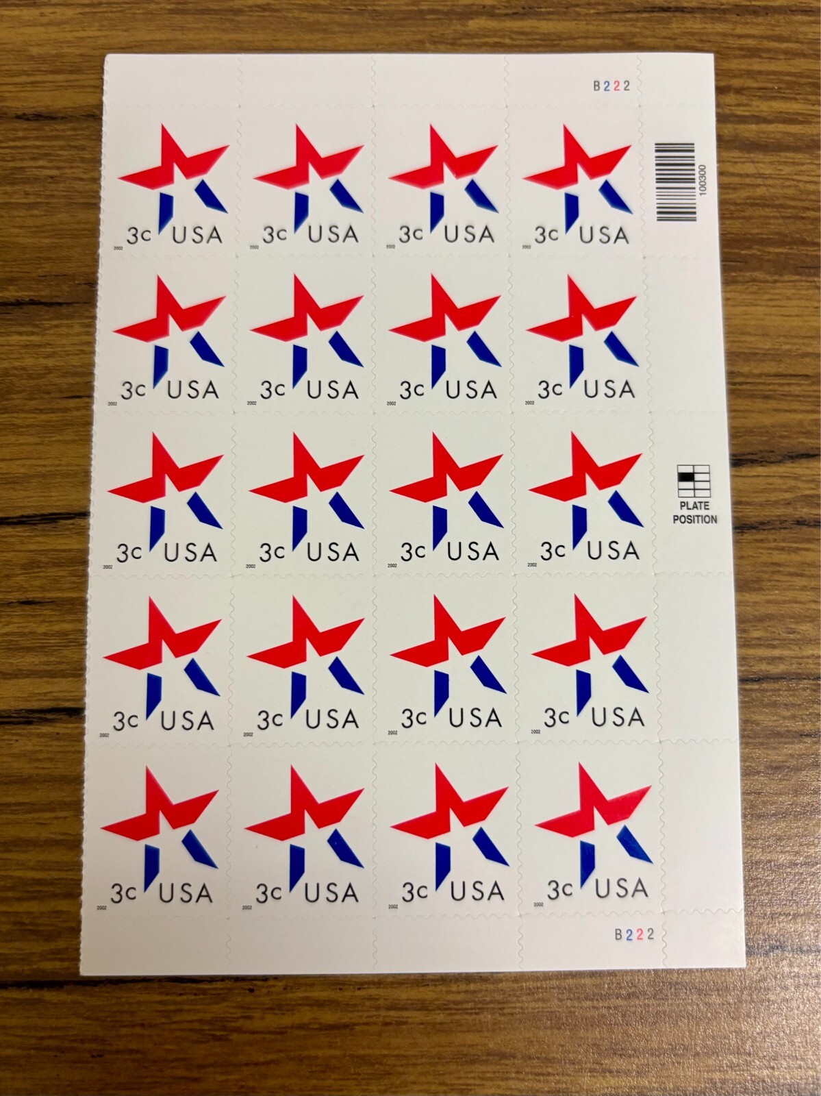 3 cent stamps USA red white blue STAR pane sheet of 20 USPS self adhesive B222