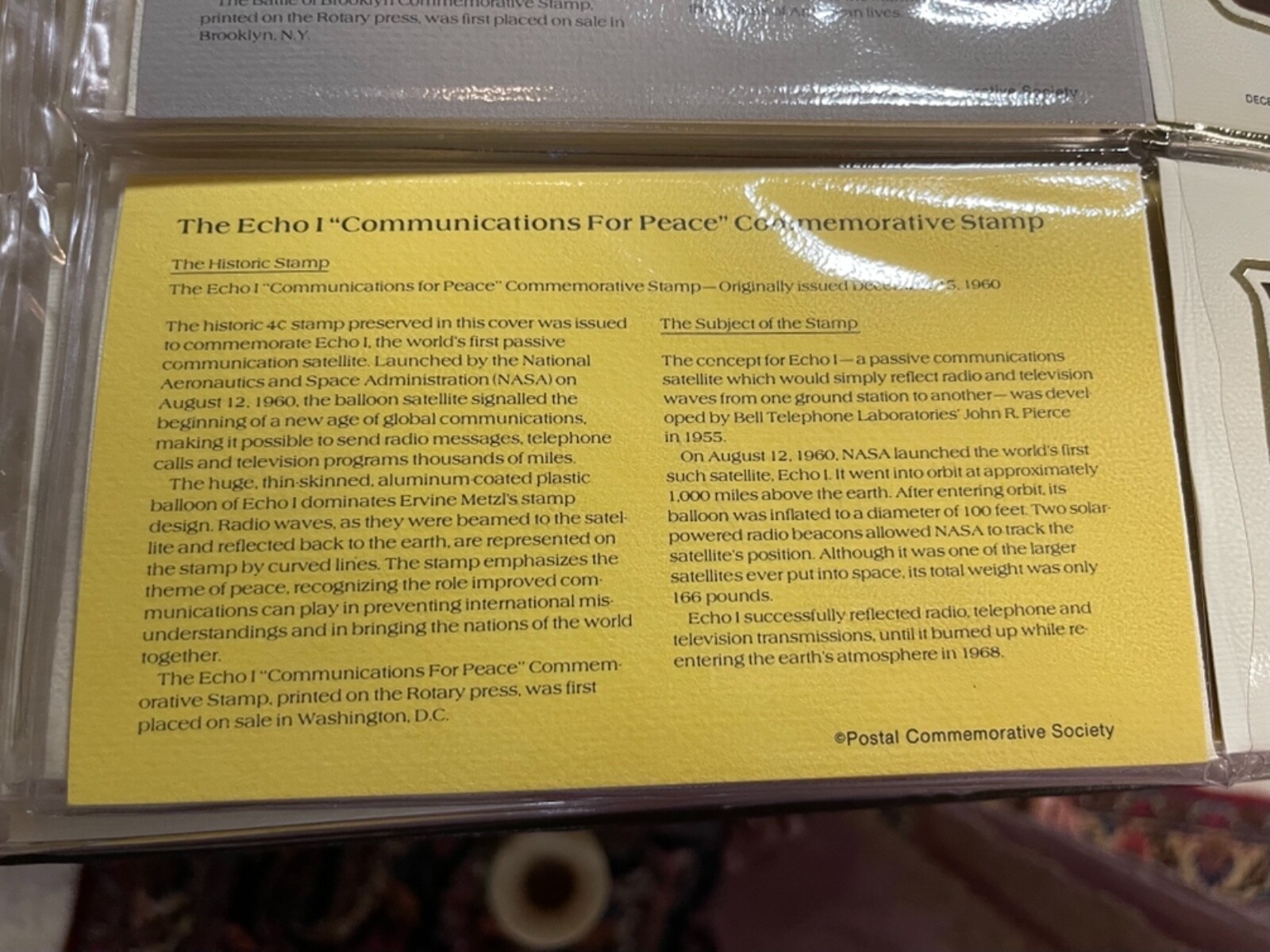 The echo 1 “communications for peace” commemorative stamp originally issued Dece