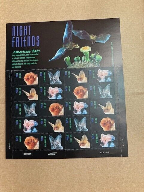 US SCOTT 3661 – 3664a SHEET OF 20 NIGHT FRIENDS AMERICAN BATS STAMPS 37 CENT MNH
