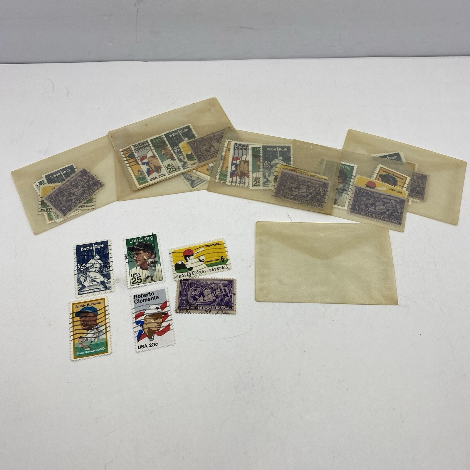 7 Lots Of 6 Vintage Baseball Stamps.Babe Ruth, J. Robinson, Clemente, Gehrig SEE