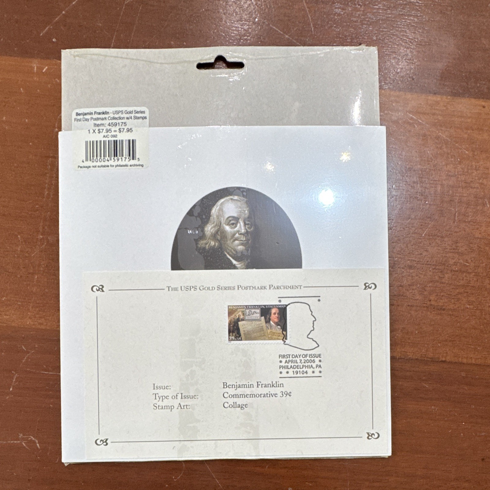 USPS Gold Series 2006 Benjamin Franklin First Day Postmark Card w/ 4 Stamps