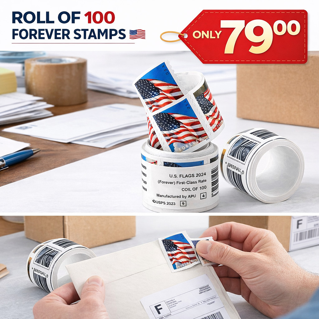 100 USPS Forever Stamps Roll 2024 Flag Coil First Class Postage Bulk Fast Ship