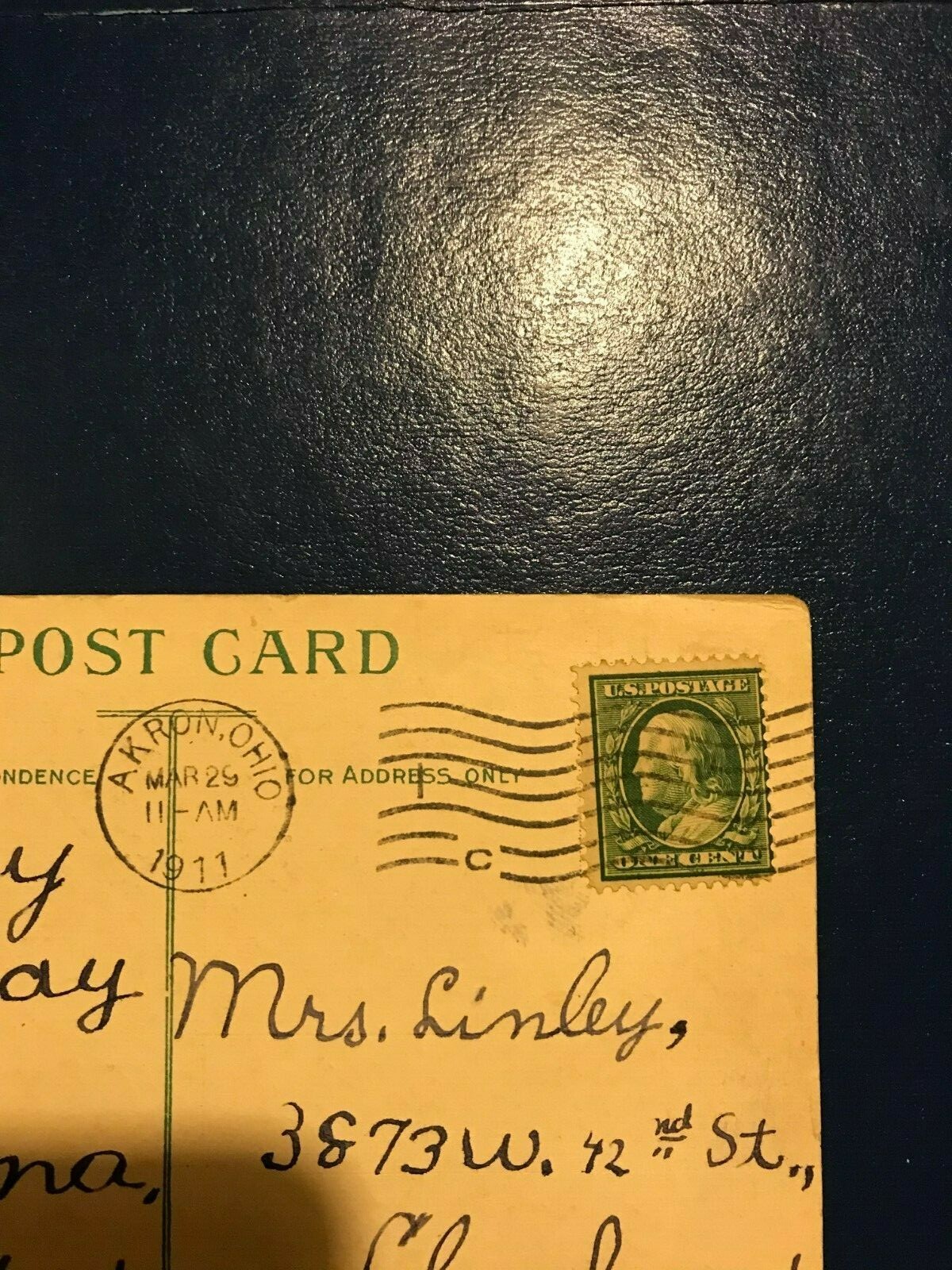 Post stamps 1 C Benjamin Franklin Postcard Birthday, dated 1911