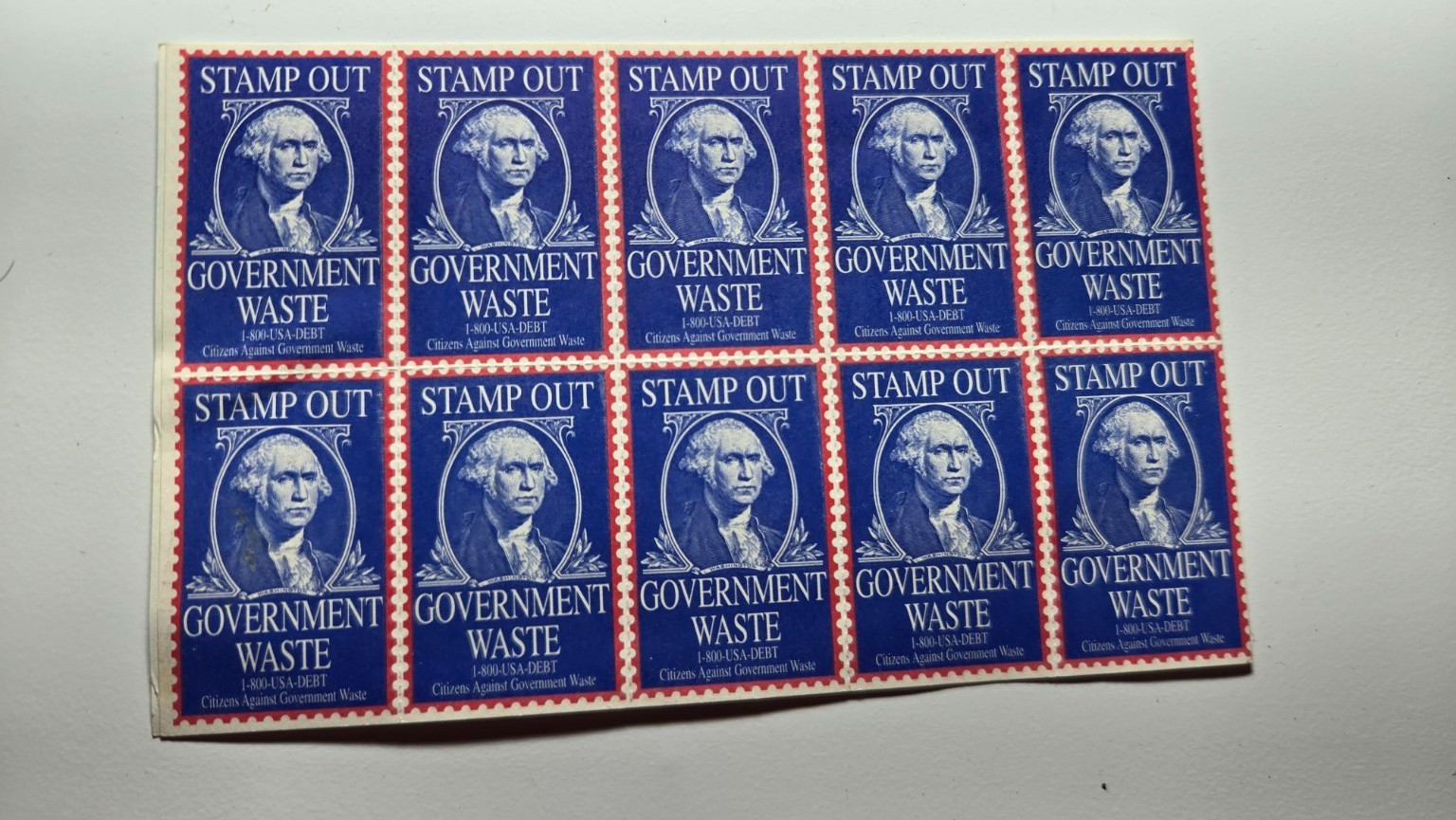 Vintage Stamp Out Government Waste Labels CAGW $4,000 USA Debt Sheet of 10