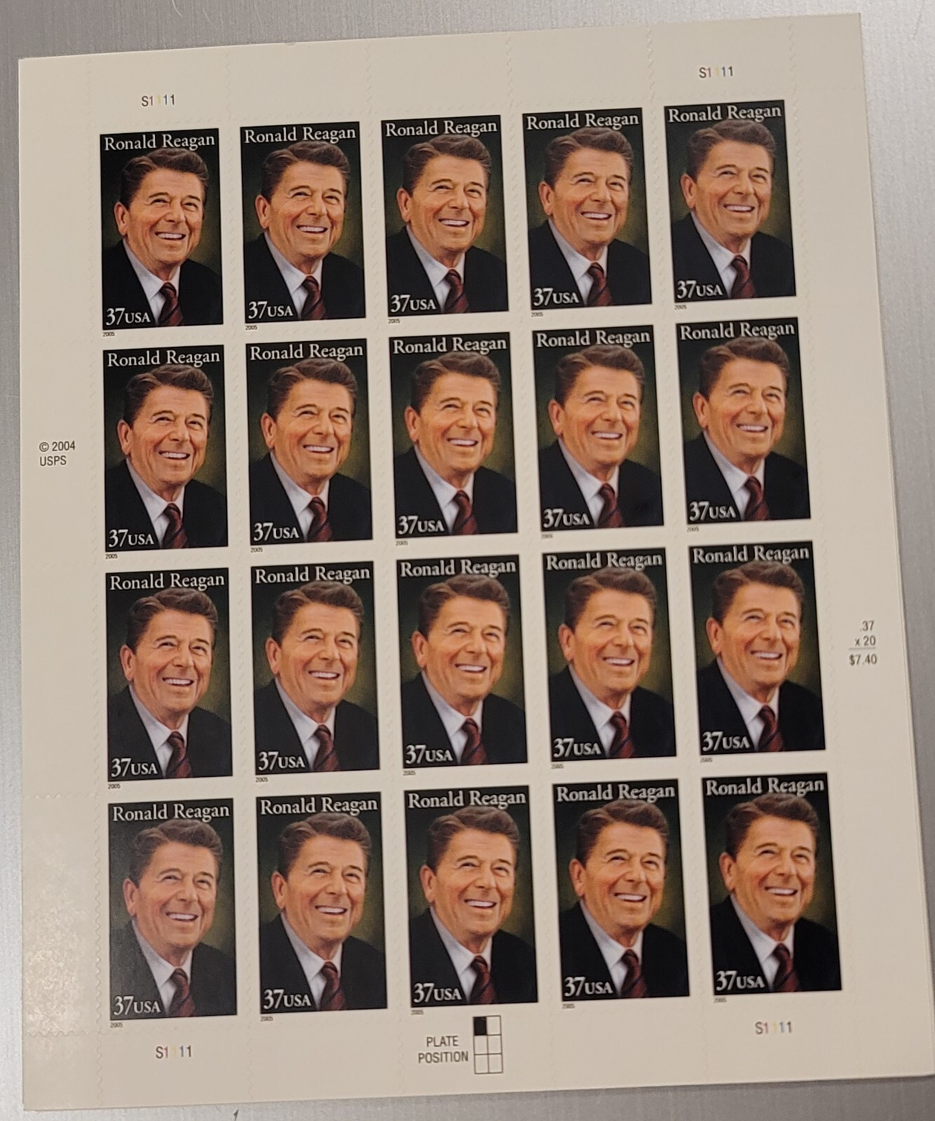 Sheet x of 20 – 40th President RONALD REAGAN 37¢ US USA Stamps issued 2004