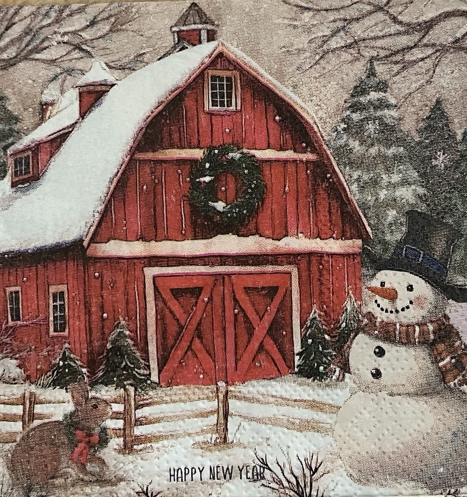 Two Paper BEVERAGE Decoupage Art Craft Napkins Christmas Snowman /Barn/tree 5×5