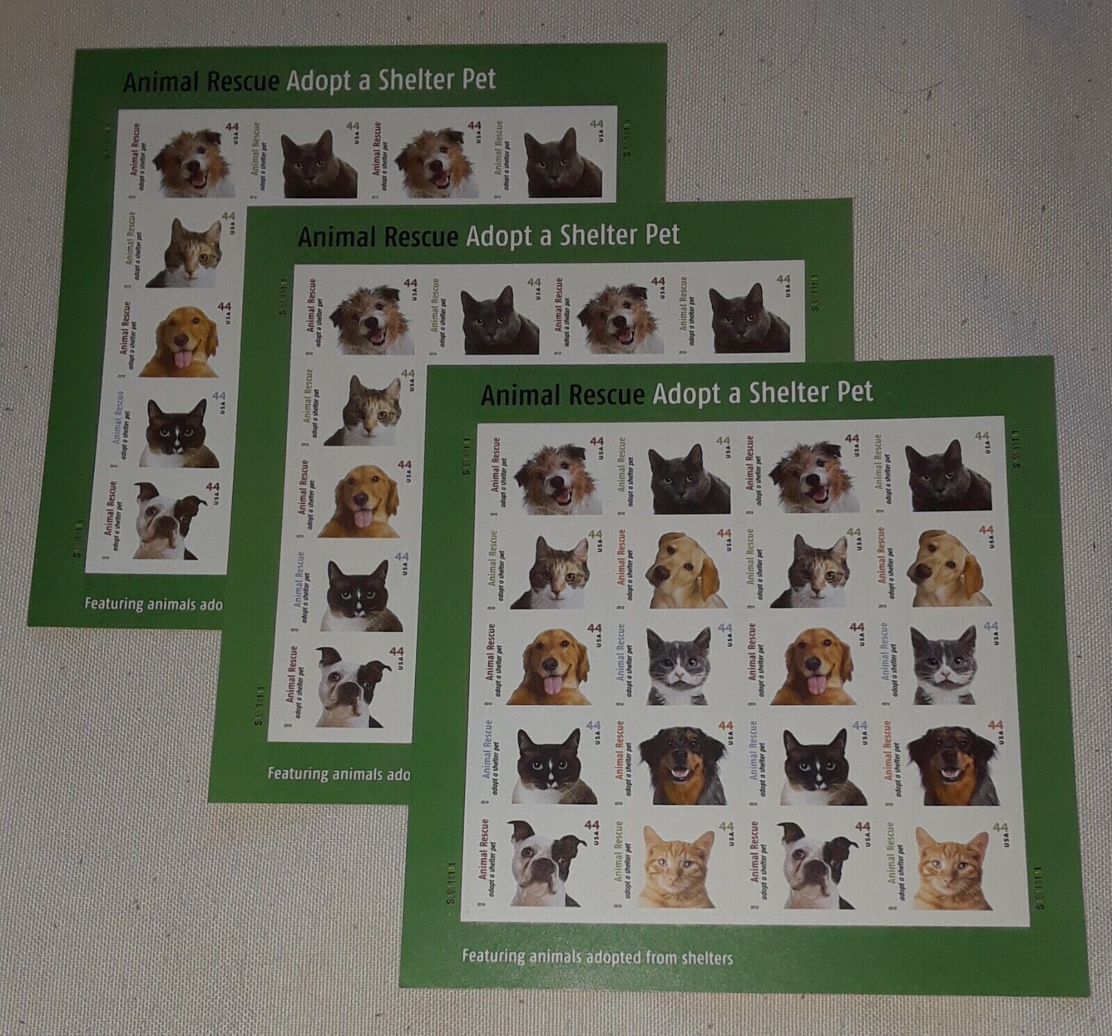 Three Sheet x 20 = 60 ANIMAL RESCUE Adopt a Shelter Pet 44¢ US Stamps. 4451-4460