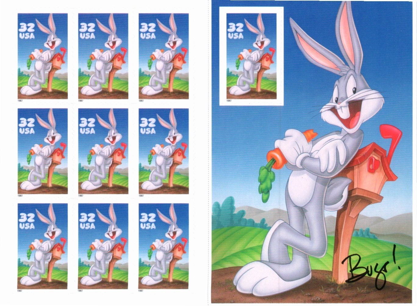 Scott#: 3137 – Bugs Bunny 10×32¢ 1997 Avery self-adhesive pane of 10 – Lot 15