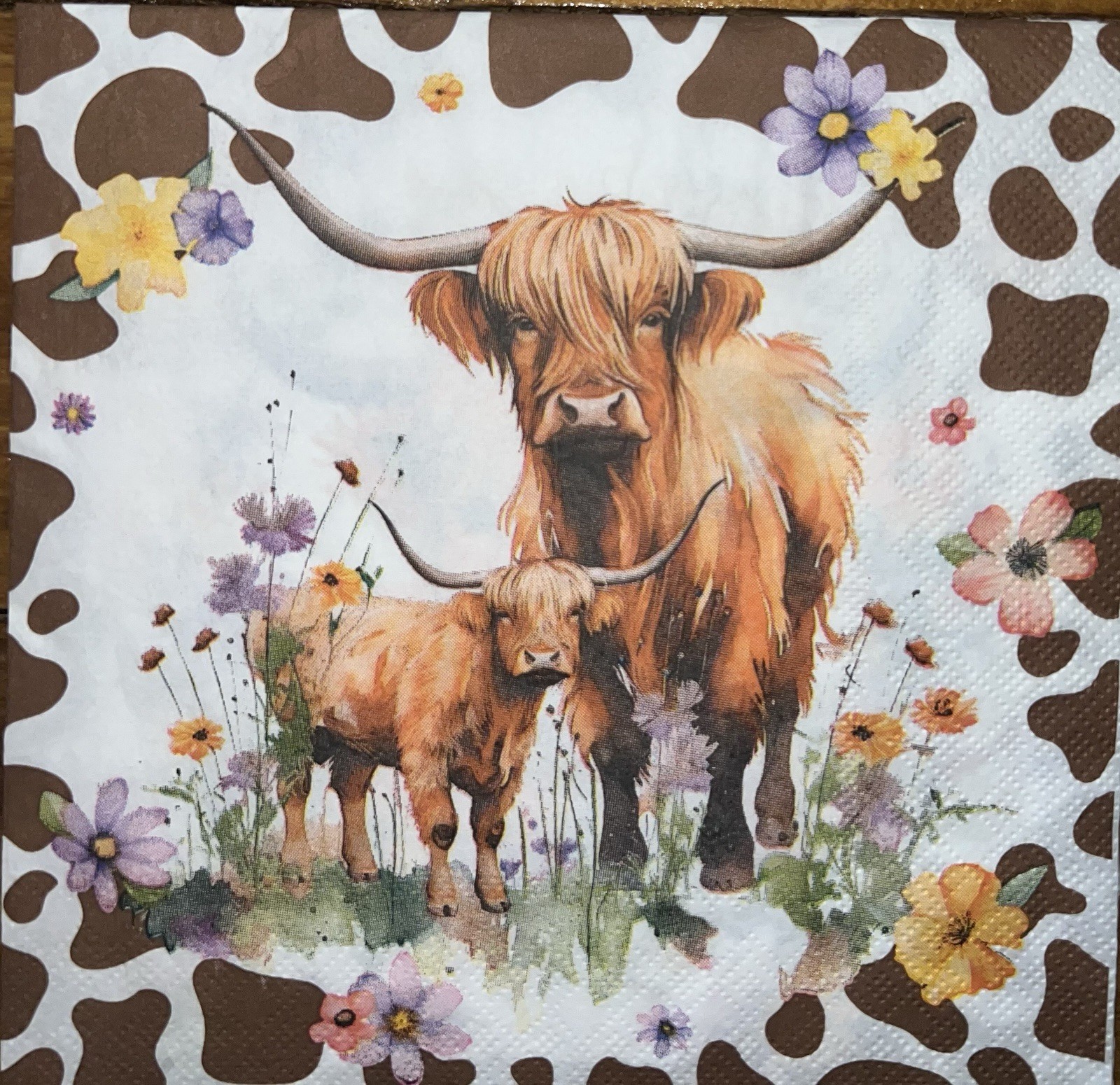 TWO Paper LUNCHEON Decoupage Art Craft Napkins Highland COW/brown/white Cowhide