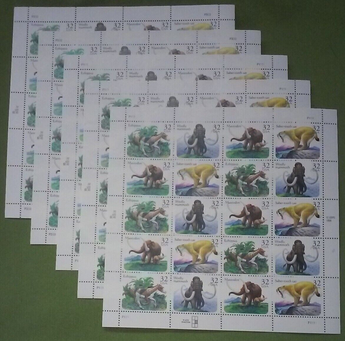 Four Sheets x 20 = 80 of PREHISTORIC ANIMALS 32¢ US Stamps. USA Sc # 3077-3080