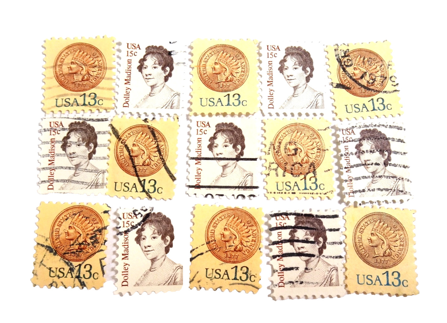 15 Mini US Cancelled Postage Stamps Dolly Madison/Indian Head Coin Paper Crafts