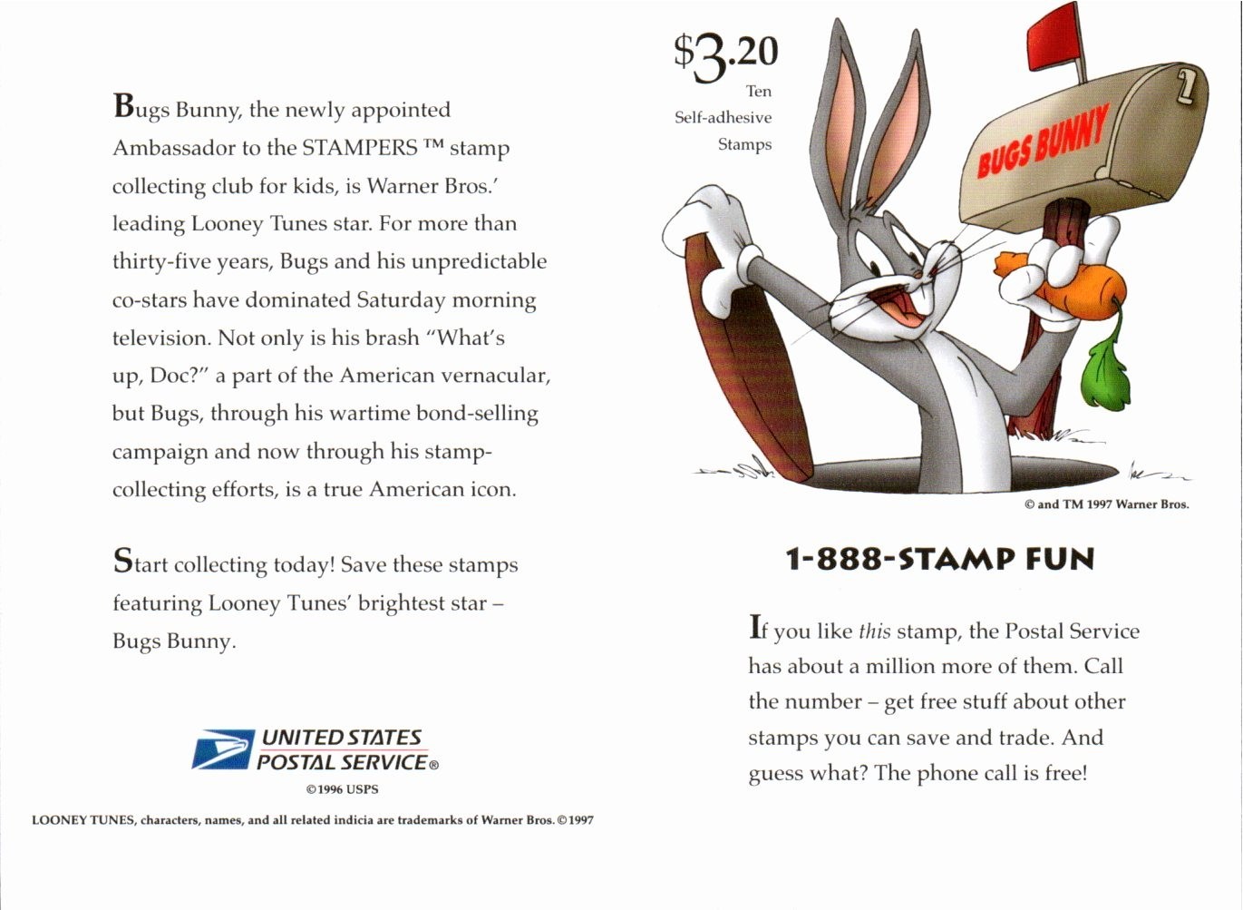 Scott#: 3137 – Bugs Bunny 10×32¢ 1997 Avery self-adhesive pane of 10 – Lot 12