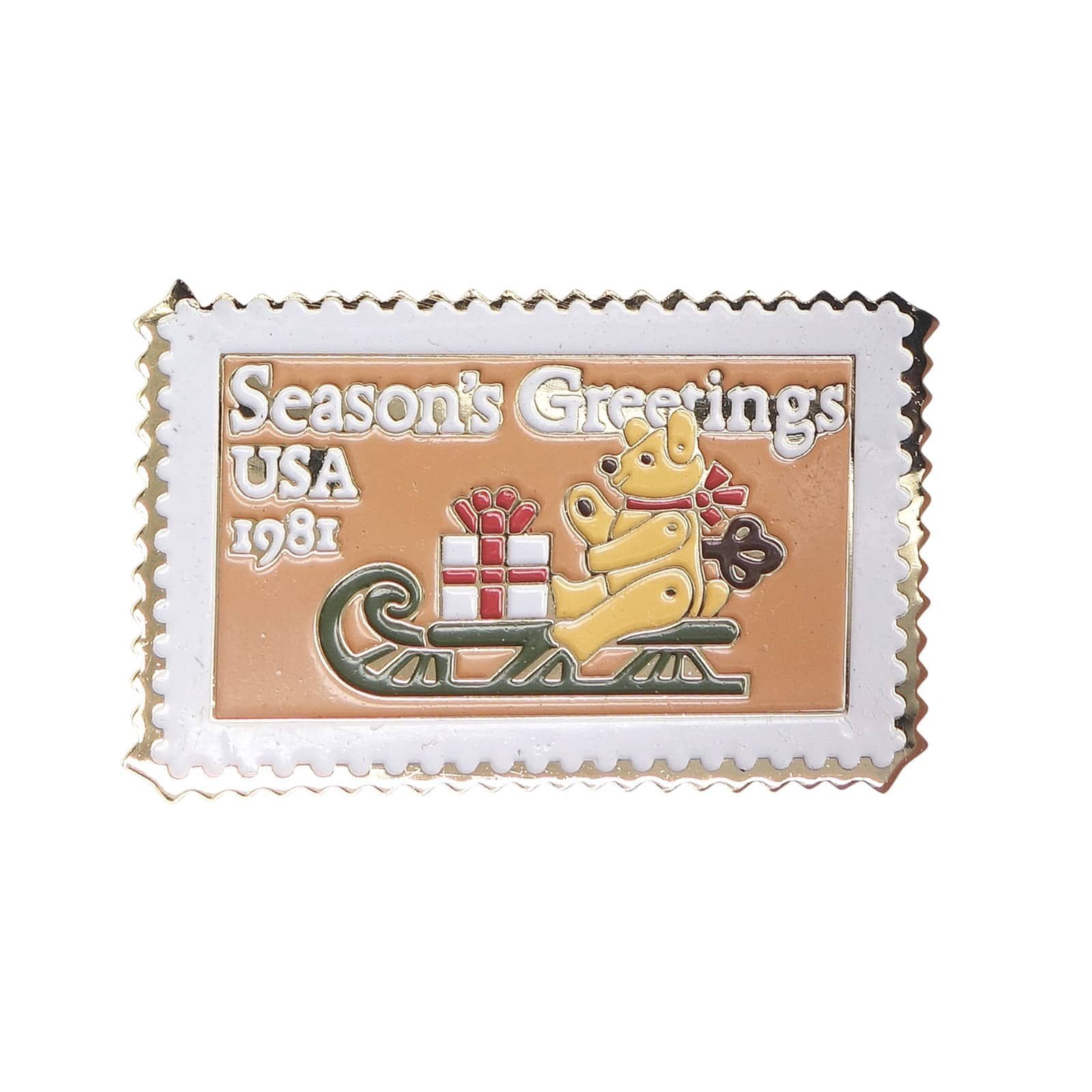 Teddy bear on a sleigh and Christmas presents stamp type retro pins pin badge